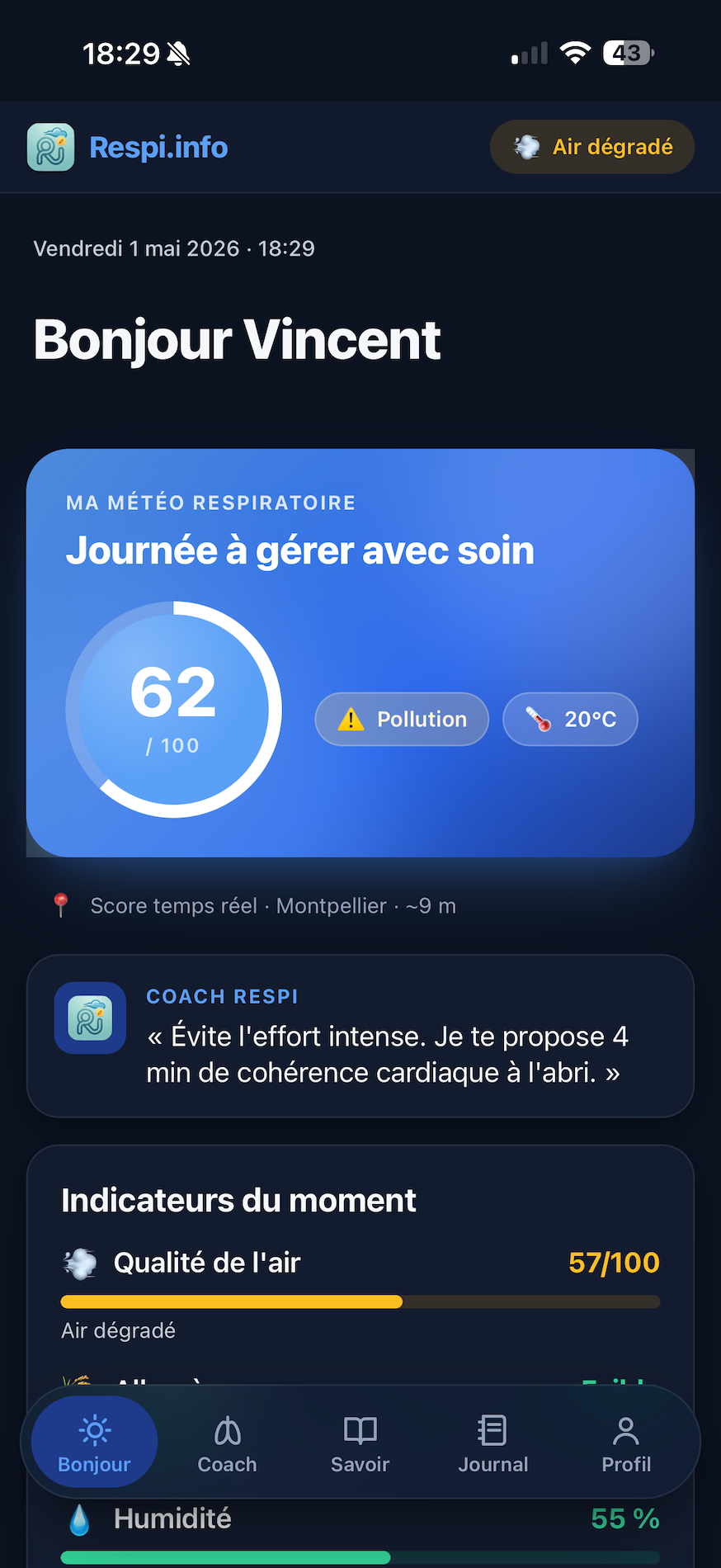 Aperçu de l'écran d'accueil Respi.info — score 62, journée à gérer avec soin