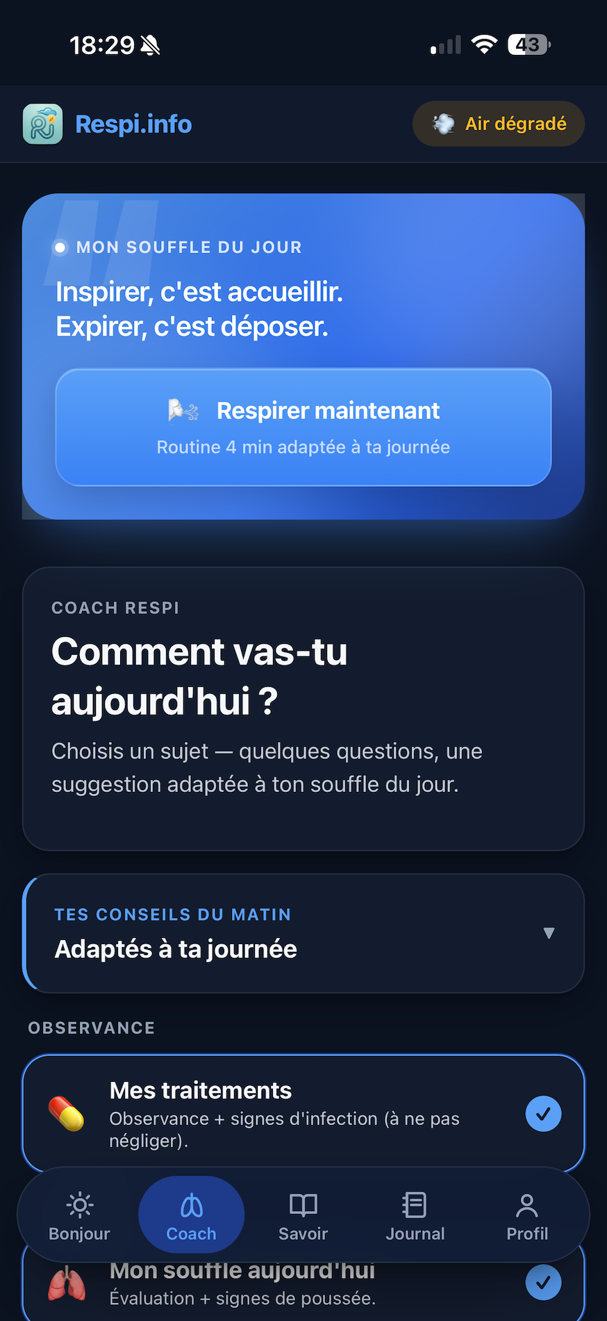 Écran Coach : Mon souffle du jour et propositions du coach