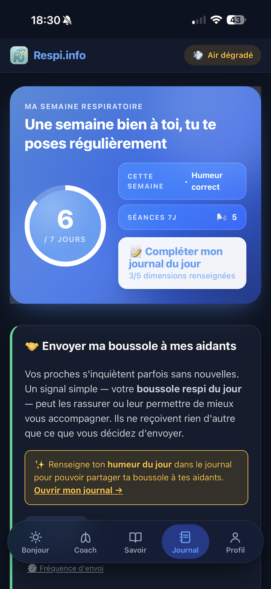 Écran Journal : Ma semaine respiratoire et envoi de la boussole aux aidants